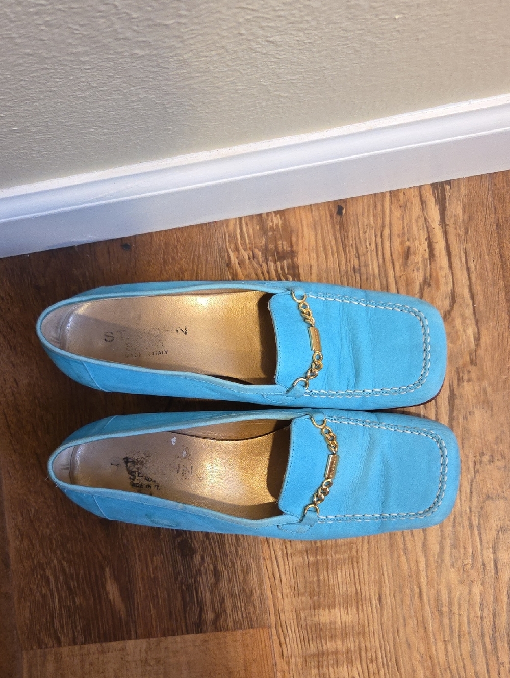 St John Sport Turquoise Suede Chain-Trim Loafers